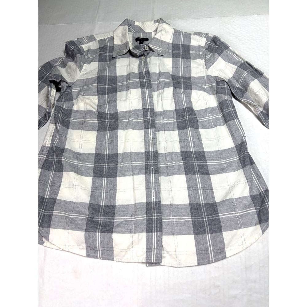Talbots Petite Grey White Plaid Metallic Shimmer Button Down Shirt SP